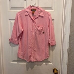 Bulldog Womens Pink Gingham Button Down Shirt Medium 3/4 Sleeve Casual Y2K Top